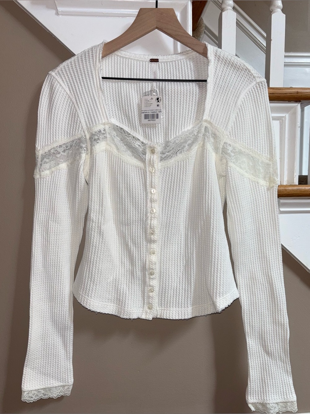 Free People New Cotton Long Sleeve Lace Boho Shirt size Medium NWT